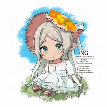 Rule 34 | 1girl, artist name, blue sky, bluesky username, bow, brown sandals, chibi, chibi only, commentary request, dress, earrings, elf, frieren, full body, grass, green eyes, grey hair, hat, hat bow, highres, jewelry, kizuka2020, long dress, long hair, outdoors, parted bangs, pointy ears, sandals, short sleeves, sitting, sky, solo, sousou no frieren, straw hat, sun hat, thick eyebrows, twitter username, white dress