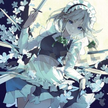 1girl apron bow braid closed_mouth collared_shirt commentary_request cowboy_shot flower flower_request friend_characters green_bow green_ribbon grey_hair hair_bow izayoi_sakuya long_hair looking_at_viewer maid maid_headdress neck_ribbon ribbon sample_watermark shirt skirt_hold smile solo syuri22 touhou twin_braids waist_apron watermark white_apron white_flower white_shirt