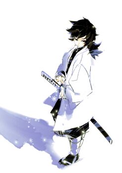 Rule 34 | 1boy, black hair, black pants, black socks, closed mouth, demon slayer uniform, empty eyes, full body, half-closed eyes, haori, high collar, highres, holding, holding sword, holding weapon, japanese clothes, katana, kimetsu no yaiba, low ponytail, male focus, pants, partially colored, ponytail, rourow 001, sandals, shadow, simple background, socks, solo, spiked hair, standing, sword, tomioka giyuu, weapon, white background