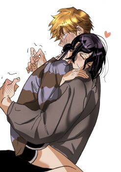 1boy 1girl black_pants black_shorts blonde_hair blush busuttt chainsaw_man closed_eyes commentary_request denji_(chainsaw_man) grey_sweater hair_between_eyes hair_bun hand_blush hetero highres hover_hand hug medium_hair pants purple_hair reze_(chainsaw_man) short_hair shorts smile striped_clothes striped_sweater sweatdrop sweater updo white_background wide-eyed