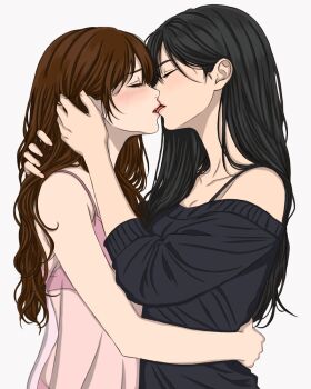 2girls black_hair black_sweater blush bra_strap brown_hair closed_eyes commentary_request couple french_kiss from_side hand_in_another's_hair hand_on_another's_back hand_on_another's_head highres kiss lingerie long_hair m-s-m-p multiple_girls negligee off-shoulder_sweater off_shoulder original pink_negligee profile simple_background straight_hair sweater tongue underwear upper_body white_background yuri