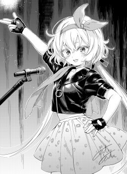 Rule 34 | 1girl, :d, arm up, black background, blush, bow, bow hairband, choker, commentary request, cowboy shot, cropped jacket, double-parted bangs, fingerless gloves, gloves, grey background, greyscale, hair between eyes, hair bow, hair ribbon, hairband, hand on own hip, highres, idol, jacket, konno junko, leather, leather jacket, light particles, long hair, looking at viewer, low twintails, medium skirt, microphone, microphone stand, monochrome, multi-source commentary, music, open mouth, print skirt, ribbon, short sleeves, signature, singing, skirt, smile, solo, standing, teeth, twintails, upper teeth only, w, yatoyato, zipper, zombie land saga