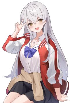 1girl black_skirt blue_bow blue_bowtie bow bowtie brown_jacket clothes_around_waist collared_shirt commentary_request commission etoria grey_hair highres jacket jacket_around_waist long_hair long_sleeves looking_at_viewer multicolored_jacket open_clothes open_jacket open_mouth original red_jacket school_uniform shirt simple_background sitting skeb_commission skirt solo striped_bow striped_bowtie striped_clothes track_jacket v white_background white_jacket white_shirt yellow_eyes