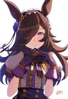 07nono06 1girl absurdres animal_ears blush brown_hair center_frills closed_mouth flipped_hair flower frilled_hairband frills gloves hair_flower hair_ornament hair_over_one_eye hairband halloween halloween_costume highres horse_ears horse_girl long_hair looking_at_viewer puffy_short_sleeves puffy_sleeves purple_eyes purple_gloves purple_hair purple_wings rice_shower_(make_up_vampire!)_(umamusume) rice_shower_(umamusume) shirt short_sleeves simple_background smile solo teeth umamusume upper_teeth_only white_background white_shirt wings