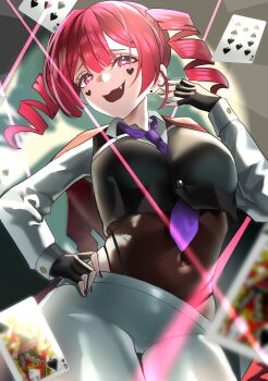 Rule 34 | 1girl, :3, absurdres, buttoned cuffs, buttons, cape, card, cheru blac, commentary request, covered navel, crop top, drill hair, facial mark, fingerless gloves, from below, gloves, hand on own hip, hand up, heart, heart-shaped pupils, heart facial mark, heart on cheek, highres, kasane teto, looking at viewer, mokugeki! teto 31 sei (synthesizer v), necktie, open mouth, pants, playing card, purple necktie, queen (playing card), queen of spades (playing card), red cape, red eyes, red hair, red nails, solo, symbol-shaped pupils, ten of spades, twin drills, utau, white pants