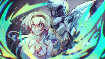 1girl breasts brown_hairband completely_nude fire firefly_(honkai:_star_rail) gradient_hair green_fire green_pupils grey_armor grey_hair hair_between_eyes hair_intakes hairband highres honkai:_star_rail honkai_(series) long_hair medium_breasts multicolored_eyes multicolored_hair myootis nude open_mouth sam_(honkai:_star_rail) solo