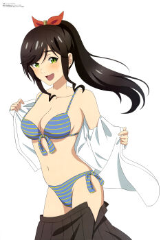 1girl absurdres anime_coloring aquastar_inc. armpit_crease bikini black_hair blue_bikini blush breasts brown_skirt cleavage collarbone copyright_name copyright_notice cowboy_shot front-tie_bikini_top front-tie_top green_eyes groin hair_ribbon high_ponytail highres kinme_wakana kirei_ni_shitemoraemasuka large_breasts long_hair looking_at_viewer magazine_scan megami_magazine navel official_art open_clothes open_shirt pleated_skirt ponytail red_ribbon ribbon scan shirt side-tie_bikini_bottom sidelocks simple_background skirt solo stomach striped_bikini striped_clothes sweatdrop swept_bangs swimsuit third-party_source undressing unzipped white_background white_shirt