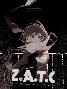 1girl asya_shubina brown_coat brown_eyes brown_hair closed_mouth coat copyright_name dress gloves hashtag-only_commentary highres light_blush light_smile looking_at_viewer reaching reaching_towards_viewer scarf short_hair wframe white_gloves white_scarf z.a.t.o._//_i_love_the_world_and_everything_in_it