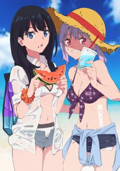 Rule 34 | 2girls, alternate costume, animal print, bag, bikini, black hair, black shorts, blue eyes, blue sky, bubble tea, clothes around waist, cloud, commentary request, cowboy shot, day, denim, denim shorts, drink, food, fruit, grey shorts, gridman universe, hat, jacket, jacket around waist, long hair, looking at viewer, multiple girls, navel, open clothes, orange scrunchie, outdoors, purple background, purple hair, red eyes, saitou kengo, scrunchie, shinjou akane, shirt, short hair, short shorts, shorts, sky, ssss.gridman, straight hair, straw hat, sun hat, swimsuit, takarada rikka, textless version, watermelon, white bikini, white shirt