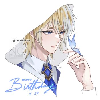 1boy absurdres artist_request blonde_hair blue_eyes blue_necktie bug butterfly commentary elbert_greetia english_commentary happy_birthday highres ikemen_villain insect long_sleeves male_focus necktie short_hair signature