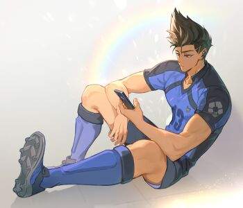 1boy absurdres barou_shouei black_hair blue_lock cellphone chinese_commentary closed_mouth commentary_request covered_pectorals feixingxiaoye highres holding holding_phone invisible_floor looking_at_phone male_focus pectorals phone red_eyes short_hair sitting smartphone soccer_uniform solo sportswear wireless_earphones