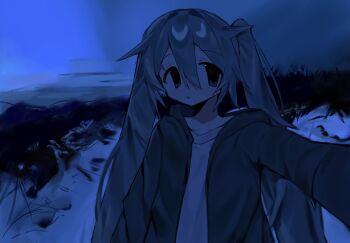 Rule 34 | 1girl, alternate costume, commentary, hatsune miku, highres, jacket, long hair, long sleeves, looking at viewer, open clothes, open jacket, outdoors, solo, twintails, upper body, vocaloid, yatsu (dolkz1455y75969)