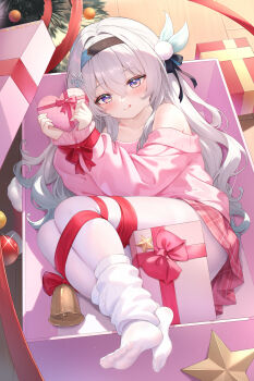1girl absurdres black_hairband blush box christmas christmas_tree closed_mouth commentary_request firefly_(honkai:_star_rail) gift gift_box gradient_hair green_hair grey_hair hair_between_eyes hair_ornament hairband highres holding holding_gift honkai:_star_rail honkai_(series) kuroida leg_warmers long_hair looking_at_viewer multicolored_hair pantyhose pink_eyes pink_skirt pink_sweater plaid_clothes plaid_skirt red_ribbon ribbon skirt smile socks sweater tongue tongue_out white_leg_warmers white_pantyhose white_socks