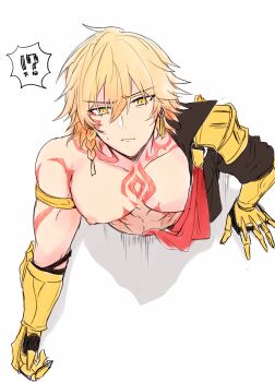 Rule 34 | 1boy, abs, arm tattoo, armlet, black coat, blonde hair, braid, chest tattoo, clawed gauntlets, coat, commentary request, earrings, facial tattoo, gold earrings, gold necklace, gradient hair, highres, honkai: star rail, honkai (series), jewelry, large pectorals, male focus, medium hair, meshiau79187, multicolored hair, mydei (honkai: star rail), necklace, nipples, open clothes, open coat, pectorals, red hair, red tattoo, side braid, solo, stuck, sweatdrop, tattoo, through wall, toned, toned male, yellow eyes