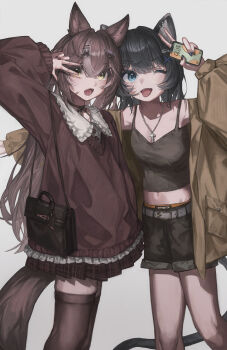 2girls absurdres animal_ear_piercing animal_ears arm_up bag belt black_camisole black_choker black_hair black_shorts blue_eyes breasts brown_hair brown_jacket brown_skirt brown_sweater brown_thighhighs camisole cat_ears cat_girl cat_tail cellphone choker cross cross_necklace crossed_bangs drawer_bushi_huajia frilled_shirt frills green_eyes grey_background grey_streaks hair_between_eyes hair_ornament hairclip handbag heart heart_hair_ornament highres holding holding_phone jacket jewelry long_hair medium_hair midriff multicolored_hair multiple_girls navel necklace one_eye_closed open_clothes open_jacket open_mouth original parallel_hairclips phone plaid_clothes plaid_skirt pleated_skirt puffy_sleeves ribbon_choker shark_hair_ornament shirt shorts simple_background skirt small_breasts smartphone standing streaked_hair sweater tail thighhighs tongue tongue_out v white_belt wolf_ears wolf_girl wolf_tail