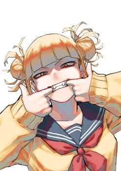 1girl a_(mitei7926) blonde_hair boku_no_hero_academia commentary_request double_bun fangs finger_in_own_mouth hair_bun half-closed_eyes highres long_sleeves looking_at_viewer mouth_pull neckerchief red_neckerchief sailor_collar shirt short_hair simple_background sleeves_past_wrists slit_pupils solo teeth toga_himiko upper_body v-shaped_eyebrows white_background yellow_eyes yellow_shirt