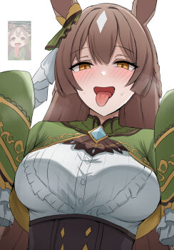 1girl :d animal_ears breasts brown_corset brown_hair corset diamond_(shape) dress ear_ornament framed_breasts freaky_satono_diamond_(meme) green_dress highres horse_ears horse_girl long_sleeves looking_at_viewer medium_breasts meme multicolored_hair namikare open_mouth reference_inset satono_diamond_(natural_brilliance)_(umamusume) satono_diamond_(umamusume) simple_background sleeves_past_fingers sleeves_past_wrists smile solo streaked_hair tongue tongue_out two-tone_hair umamusume upper_body white_background white_hair yellow_eyes