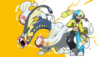 1girl aqua_hair belt black_belt blacknirrow blonde_hair canari_(pokemon) cellphone commentary crop_top cropped_jacket eelektross electricity eyelashes fangs fingernails full_body gen_4_pokemon gen_5_pokemon glint highres holding holding_poke_ball jacket long_sleeves mega_eelektross mega_pokemon midriff multicolored_hair multicolored_nails nail_polish navel nintendo open_clothes open_jacket open_mouth outline pants phone poke_ball pokemon pokemon_(creature) pokemon_legends:_z-a quick_ball rotom rotom_phone shirt shoes smartphone smile split-color_clothes split-color_hair standing twintails two-tone_background two-tone_pants white_outline white_shoes yellow_jacket yellow_shirt