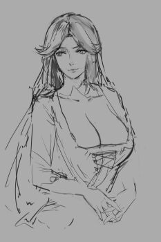 1girl alternate_costume breasts cleavage dress frilled_dress frills j@ck kid_icarus kid_icarus_uprising large_breasts long_hair looking_to_the_side nintendo palutena parted_bangs sidelocks sketch unfinished upper_body