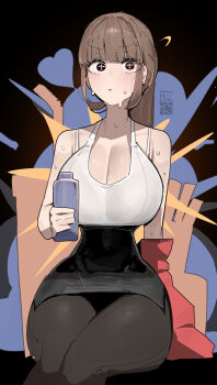 +_+ 1girl azz0422 black_eyes black_pantyhose black_skirt bottle bra bra_strap bra_visible_through_clothes breasts brown_hair cleavage commentary covered_navel curvy english_commentary heart highres holding holding_bottle large_breasts narrow_waist original pantyhose pencil_skirt qr_code shirt side_slit sitting skirt solo surprised sweat tank_top underwear wet wet_clothes wet_shirt white_bra white_tank_top wide_hips