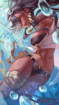 1girl absurdres air_bubble bare_shoulders bikini black_bikini black_hair breasts bubble centurion_(reverse:1999) chain cowboy_shot dark-skinned_female dark_skin earrings gold_chain hair_over_one_eye highres jayvee jewelry long_hair looking_at_viewer medium_breasts off_shoulder one_eye_covered reverse:1999 shirt single_earring solo swimsuit underwater very_long_hair white_shirt yellow_eyes