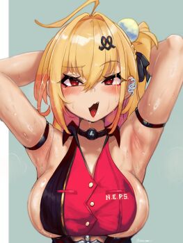 1girl ahoge armpits arms_up artist_name black_choker blonde_hair blue_background blush breasts choker cissia_(zenless_zone_zero) fang hair_between_eyes hair_ornament large_breasts m_e_e_p_y no_bra red_eyes red_shirt shirt side_ponytail sideboob smile snake_girl solo sweat tongue zenless_zone_zero