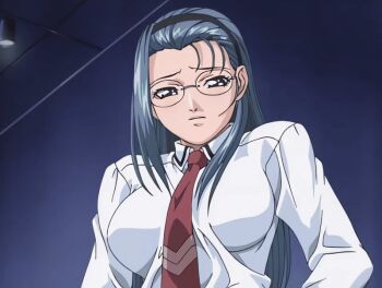 00s 1girl 2002 animated animated_gif aqua_hair aroused bible_black bible_black_gaiden blue_hair bouncing_breasts bow bowtie breasts female_focus glasses green_hair large_breasts long_hair mind_control mochida_junko necktie podium public_indecency red_skirt school school_assembly school_hall school_uniform sitting skirt solo suspenders tagme thighhighs undressing unworn_clothes