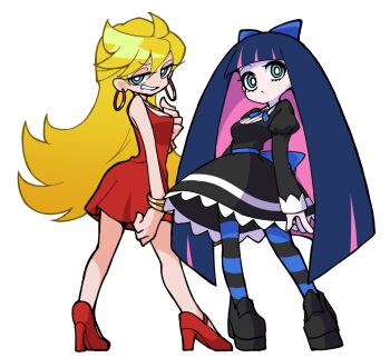 2girls ahoge angel aqua_eyes black_dress black_shoes blonde_hair blue_bow blue_eyes blue_ribbon bow bracelet bright_pupils colored_inner_hair dress earrings full_body fun_bo gothic_lolita grin hair_between_eyes hair_bow half-closed_eyes hand_on_own_chest high_heels highres hoop_earrings jewelry lace lace-trimmed_dress lace_trim lolita_fashion long_hair multicolored_hair multiple_girls panty_&amp;_stocking_with_garterbelt panty_(psg) pink_hair purple_hair red_dress red_shoes ribbon shoes siblings sisters smile stocking_(psg) striped_clothes striped_thighhighs thighhighs two-tone_hair white_background white_pupils