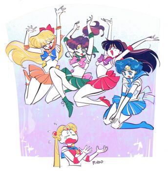 5girls aino_minako bishoujo_senshi_sailor_moon black_hair blonde_hair blue_boots blue_eyes blue_hair blush boots bow brown_hair closed_eyes earrings elbow_gloves findoworld gloves green_boots green_eyes hair_bow high_heel_boots high_heels highres hino_rei jewelry kino_makoto knee_boots long_hair mizuno_ami multiple_girls one_eye_closed open_mouth orange_shoes ponytail red_bow red_eyes red_shoes sailor_jupiter sailor_mars sailor_mercury sailor_moon sailor_v sailor_venus shoes short_hair short_ponytail smile tsukino_usagi twintails white_gloves