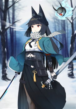 Rule 34 | 1girl, absurdres, animal ear fluff, animal ears, aqua capelet, bare tree, black hair, blunt bangs, blurry, blurry background, capelet, commentary request, eyeball, fox ears, fox girl, heavy breathing, highres, holding, holding sword, holding weapon, horns, hoshimi miyabi, long hair, long sleeves, looking at viewer, open mouth, outdoors, red eyes, scarf, snow, solo, sword, tailless (zenless zone zero), tree, wakadori1234, weapon, zenless zone zero