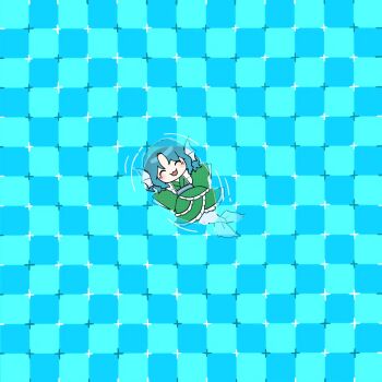 1girl :3 ^_^ blue_background blue_hair blue_sash blush chibi chibi_only closed_eyes commentary curtained_hair distortion fins from_above green_kimono grid_background hashtag-only_commentary head_fins highres japanese_clothes kimono long_sleeves lying medium_hair mermaid monster_girl motion_lines obi on_back open_mouth optical_illusion outstretched_arms primrose_field_illusion sash sia_6767 sleeves_past_fingers sleeves_past_wrists smile solo symbol-only_commentary touhou underwater wakasagihime wide_sleeves