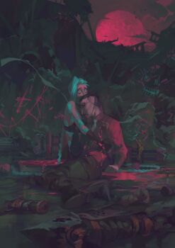 1boy 1girl arcane:_league_of_legends arcane_jinx ascot black_hair bleeding blood blood_on_clothes blue_hair braid building bullet_hole cloud cloud_tattoo colored_sclera crop_top death father_and_daughter fine_art_parody full_moon gatling_gun graffiti grey_ascot gun hair_slicked_back hand_on_another's_head handgun head_hug highres hug huge_moon ivan_the_terrible_and_his_son_ivan jinx_(league_of_legends) league_of_legends leonardo_vincent long_hair long_sleeves low_twintails mature_male minigun moon night parody parted_lips red_eyes red_moon rocket_launcher ruins scar scar_across_eye scar_on_face short_hair silco_(arcane) simple_bird sky smoke smoking_barrel step-parent_and_step-child stuffed_toy tattoo twin_braids twintails very_long_hair very_short_hair vest weapon