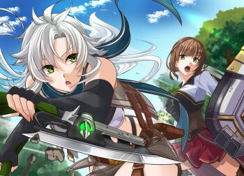 2girls :o bare_shoulders belt_pouch blue_sky bob_cut bow bowtie braid breasts brown_hair bun_with_braided_base cloud commission cropped_jacket curtained_hair dual_wielding duvalie eiyuu_densetsu elbow_gloves fie_claussell fighting fingerless_gloves floating_scarf gloves green_bow green_bowtie green_eyes gunblade hair_between_eyes hair_bun holding holding_shield large_breasts long_hair long_sleeves multiple_girls open_mouth outdoors parted_bangs partially_shaded_face pouch red_skirt runrui_kaku scarf sen_no_kiseki sen_no_kiseki_(series) sen_no_kiseki_iv shield short_hair shorts skeb_commission skirt sky small_breasts tree upper_body weapon white_hair