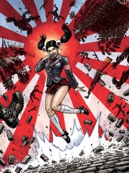 1girl army bow command_&amp;_conquer high_heels military military_vehicle motor_vehicle poster_(medium) red_alert_3 rising_sun_flag school_uniform skirt striped_background sunburst tank twintails white_legwear yuriko_omega