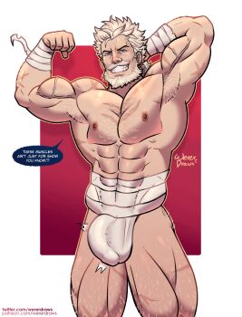 1boy abs absurdres armpit_stubble bara beard biceps bulge cowboy_shot english_text erection erection_under_clothes facial_hair flexing flexing_pectorals full_beard granblue_fantasy granblue_fantasy_versus grin hairy highres large_pectorals leg_hair looking_at_viewer male_focus mature_male muscular muscular_male nipples pectorals seductive_smile short_hair smile solo soriz standing thick_beard thick_eyebrows thick_thighs thighs topless_male twitching_penis wererdraws