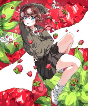 Rule 34 | 1girl, arm up, black skirt, blue eyes, brown hair, brown sweater, cat, eyewear on head, food, fruit, fruit background, full body, glasses, kannpoyu, long sleeves, looking at viewer, miniskirt, necktie, original, parted lips, pleated skirt, red necktie, school uniform, shoes, skirt, sleeves past wrists, socks, solo, strawberry, sweater, uwabaki, white shoes, white socks