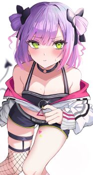 1girl :t asymmetrical_legwear bare_shoulders black_bow black_choker black_shorts blush bow breasts choker cleavage cowboy_shot demon_tail garter_straps green_eyes hair_bow highres holding holding_jewelry holding_ring hololive jewelry leg_belt leg_tattoo light_frown medium_breasts medium_hair midriff punikasu purple_hair ring shorts sweat tail tattoo thighs tokoyami_towa two_side_up white_background