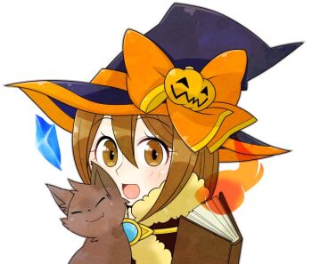 Rule 34 | 1girl, black hat, blush, book, brown cape, brown cat, brown eyes, brown hair, cape, cat, commentary request, floating gem, fur-trimmed cape, fur trim, hat, jack-o'-lantern hat ornament, looking at viewer, oekakipikki, official alternate costume, open mouth, portrait, ragnarok online, short hair, simple background, smile, solo, warlock (ragnarok online), white background, witch hat