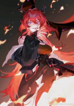 1girl absurdres arknights bare_shoulders belt black_bag black_belt black_dress black_gloves black_horns black_jacket black_ribbon black_thighhighs blood blood_on_face blood_on_mouth burning chinese_commentary collar commentary cowboy_shot cropped_jacket dark_background demon demon_girl demon_horns detached_collar dress fingerless_gloves fire floating_hair gloves grin hair_between_eyes hand_on_own_chin highres horns huahualei_huahualu jacket long_hair looking_at_viewer off_shoulder open_clothes open_jacket purple_eyes red_hair ribbon sidelocks slit smile solo spiked_collar spikes surtr_(arknights) thighhighs very_long_hair watermark weibo_watermark