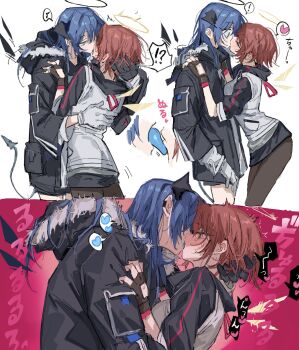 Rule 34 | arknights, black coat, black gloves, black pantyhose, black skirt, blue eyes, blue hair, blue tongue, blush, coat, colored tongue, commentary request, energy wings, exusiai (arknights), fingerless gloves, french kiss, gloves, halo, hand in another's hair, heart, highres, horns, jacket, kiss, long hair, mostima (arknights), na tarapisu153, pantyhose, red hair, short hair, skirt, spoken heart, sweat, white jacket, yuri