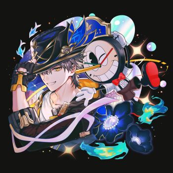 Rule 34 | 2boys, absurdres, black background, black flower, black hat, black jacket, blonde hair, blue fire, blue flower, bow, bowtie, brown shorts, bubble, caelus (honkai: star rail), clockie (honkai: star rail), commentary request, fingerless gloves, fire, fireworks, flower, gloves, grey hair, grin, hat, hat over one eye, highres, holding, holding unworn clothes, holding unworn hat, honkai: star rail, honkai (series), jacket, junjam, looking at viewer, male focus, multiple boys, one eye closed, red bow, red bowtie, shirt, short hair, shorts, smile, sparkle, suspender shorts, suspenders, trailblazer (honkai: star rail), unworn hat, unworn headwear, white gloves, white shirt