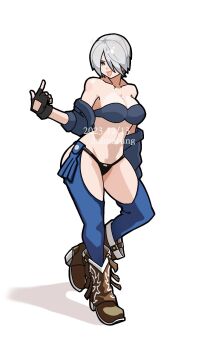 1girl angel_(kof) blue_eyes boots breasts curvy daimaru_(s29y2c) daimarung gloves huge_breasts jacket large_breasts leather looking_at_viewer open_clothes panties short_hair standing the_king_of_fighters thick_thighs thighs tongue tongue_out underwear undressing white_hair wide_hips