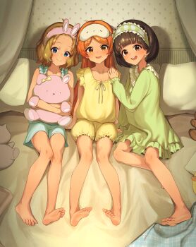 3girls absurdres animal_ear_hairband animal_ears bare_legs barefoot bed black_hair blue_eyes blue_shorts brown_eyes brown_hair cabbage_(chlehd2239) closed_mouth commentary_request dress fake_animal_ears feet full_body green_dress hairband highres holding holding_stuffed_toy idolmaster idolmaster_million_live! indoors korean_commentary long_hair looking_at_viewer multiple_girls nakatani_iku ogami_tamaki on_bed open_mouth orange_hair pajamas pink_hairband rabbit_ear_hairband rabbit_ears shirt short_hair shorts side-by-side sitting sleep_mask smile soles stuffed_animal stuffed_rabbit stuffed_toy suou_momoko toes yellow_shirt yellow_shorts