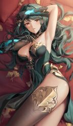 Rule 34 | 1girl, arm up, armpits, black gloves, blush, breasts, brown thighhighs, clawed gauntlets, dress, gloves, green dress, green hair, hanying (punishing: gray raven), hashtag-only commentary, highres, large breasts, leaf, long hair, looking at viewer, lying, mole, mole under eye, on side, orange eyes, parted lips, punishing: gray raven, silence girl, single thighhigh, solo, thighhighs, thighs