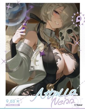 1girl absurdres animal_skull between_breasts bird black_dress black_ribbon blush braid breasts bubble cleavage coat commentary coronis_(stella_sora) dress english_commentary grey_hair guest_art hair_over_one_eye hair_ribbon highres holding holding_skull holding_vial indoors large_breasts long_sleeves looking_at_viewer ponytail purple_eyes ribbon rucarachi skull smile smoke smoke_trail solo stella_sora teeth upper_body vial white_coat