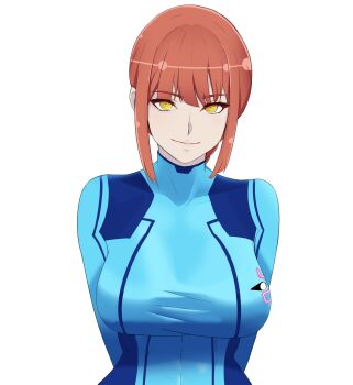 1girl absurdres alternate_breast_size_(larger) arms_behind_back blue_bodysuit bodysuit braid braided_ponytail breasts chainsaw_man commentary cosplay english_commentary highres large_breasts lughost makima_(chainsaw_man) metroid nintendo pink_hair red_hair ringed_eyes samus_aran samus_aran_(cosplay) sidelocks single_braid solo turtleneck turtleneck_bodysuit upper_body yellow_eyes zero_suit