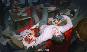 2boys absurdres armchair bags_under_eyes barefoot black_eyes black_hair blanket blue_pants blueberry book book_stack box brown_hair cake cake_slice chair coffee collared_shirt computer couch creamer_(vessel) creamer_packet crew_neck cupcake death_note denim donut feet_on_table food food_on_face fork fruit hair_between_eyes highres holding holding_fork jam jeans l_(death_note) laptop leaf long_sleeves male_focus midriff_peek mint multiple_boys no_eyebrows on_couch pants paper pillow sanpaku shirt short_hair sitting smile ss_xixi standing strawberry stuffed_toy sugar_cube table television white_shirt yagami_light