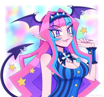 1girl adoptable black_bow black_bowtie blue_eyes blue_hair blue_hairband blue_shirt bow bowtie breasts cleavage cleavage_cutout clothing_cutout commentary demon_tail english_commentary fang fingernails hairband head_wings highres lady_beemer large_breasts long_fingernails multicolored_eyes multicolored_hair original piercing pink_hair pink_nails pointy_ears purple_eyes purple_hair shirt solo spiked_hairband spikes star_(symbol) striped_clothes striped_shirt tail tail_ornament tail_piercing twitter_username upper_body wing_piercing wings wrist_cuffs