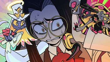 3boys angel_and_devil artist_name black_bow black_bowtie black_hair bow bowtie clenched_teeth collared_shirt colored_inner_hair colored_sclera colored_teeth extra_eyes eye_on_hat fangs grey_jacket halo hand_on_own_head hazbin_hotel hellaverse highres interlocked_fingers jacket long_hair male_focus multicolored_hair multiple_boys multiple_persona own_hands_together pinstripe_jacket pinstripe_pattern red_pupils red_sclera round_eyewear shirt sir_pentious snake_boy sparrowl sweat teeth white_shirt yellow-framed_eyewear yellow_halo yellow_sclera yellow_teeth