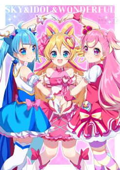 3girls absurdres arm_up blonde_hair blue_cape blue_dress blue_eyes blue_hair boots bow brooch cape character_name closed_mouth cropped_shirt crown cure_idol cure_sky cure_wonderful cut_bangs detached_sleeves double_bun dress dress_bow drill_hair earrings fingerless_gloves frilled_dress frills fringe_trim gloves hair_bun hair_ornament hair_pulled_back hair_ribbon hairband halter_shirt halterneck heart heart_arms heart_arms_duo heart_brooch heart_hair_ornament highres hirogaru_sky!_precure in-franchise_crossover inukai_komugi jewelry kimi_to_idol_precure knee_boots long_hair looking_at_viewer magical_girl midriff mini_crown multicolored_hair multiple_girls myarikuru navel open_mouth pink_bow pink_crown pink_hair pink_ribbon pink_shirt pink_skirt pink_thighhighs pouch precure puffy_detached_sleeves puffy_short_sleeves puffy_sleeves purple_eyes red_bow red_cape red_dress ribbon sakura_uta_(precure) shirt short_dress short_sleeves single_sidelock skirt sleeveless sleeveless_dress sleeveless_shirt smile sora_harewataru standing streaked_hair striped_clothes striped_thighhighs thighhighs tilted_headwear twintails two-sided_cape two-sided_fabric two-tone_dress two-tone_hair two_side_up very_long_hair white_boots white_dress white_gloves white_thighhighs wing_brooch wing_hair_ornament wonderful_precure! wrist_cuffs yellow_hairband yellow_thighhighs